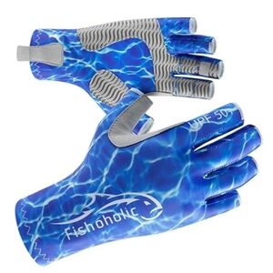 Fingerless Outdoor Fishing Gloves UPF50 Super Grip & Sun Protection Camo Blue